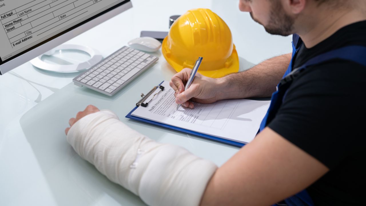 A left-hand injured man is filling out a health insurance form at work.